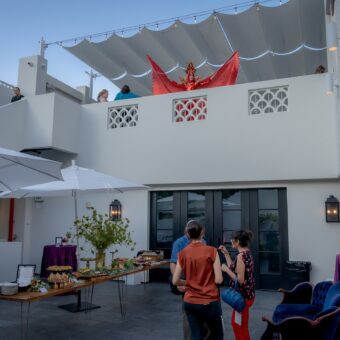 costumed performer on rooftop patio