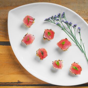 oval plate with ahi tuna appetizers
