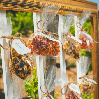 bags of popcorn hanging from a frame outside in a vineyard