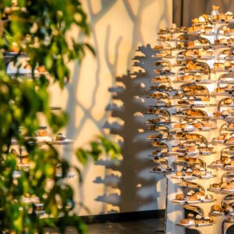 cardboard tree with desserts on branches