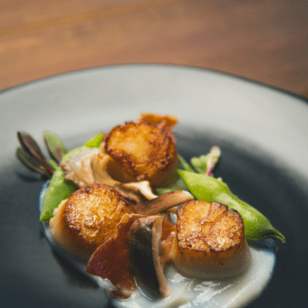 close up of scallops on a black plate