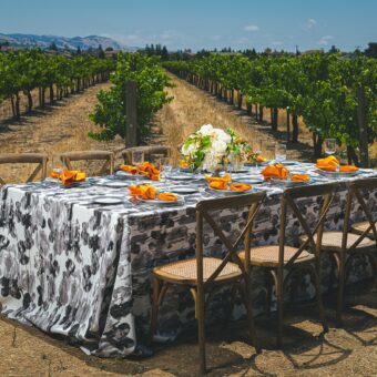 rectangle table with patterned tablecloth and orange flowers outside in vineyard